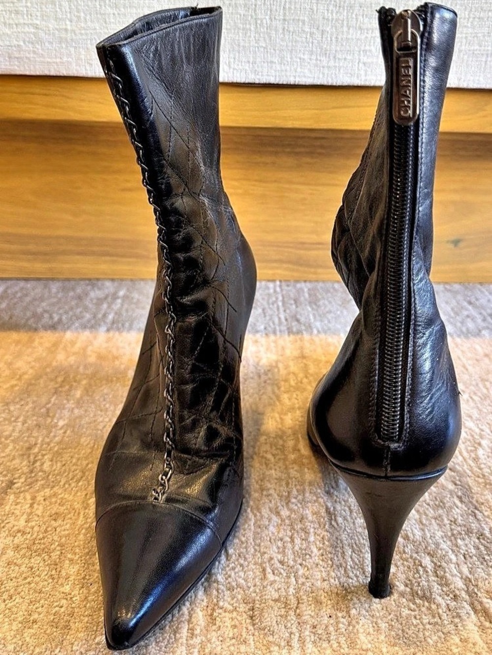 Chanel Black Quilted Leather Pointed-Toe Heeled Boots with Silver Chain Detail - Picture 6 of 16